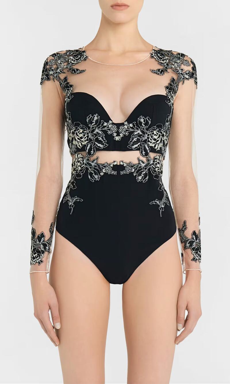 LA PERLA Peony Embroidered Silk Bodysuit in Navy Size Italian 2